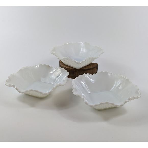 Hazel Atlas Candy Bowls Vtg Milk Glass Diamond Quilt Cut Home Decor MCM Ruffle - Picture 1 of 13